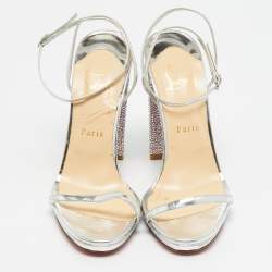 Pre Owned Christian Louboutin Size 39 Silver Leather Crystal Embellished Block Heel Ankle Strap Sandals