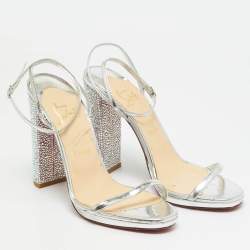 Pre Owned Christian Louboutin Size 39 Silver Leather Crystal Embellished Block Heel Ankle Strap Sandals