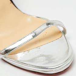 Pre Owned Christian Louboutin Size 39 Silver Leather Crystal Embellished Block Heel Ankle Strap Sandals