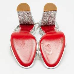 Pre Owned Christian Louboutin Size 39 Silver Leather Crystal Embellished Block Heel Ankle Strap Sandals