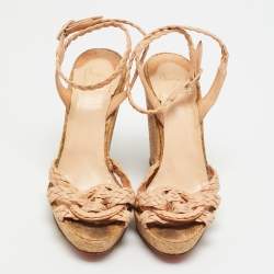 Pre Owned صندل كريستيان لوبوتان ماريلو مقاس 39 جلد مضفر بلون بيج مع حزام للكاحل وكعب مكسو بالفلين