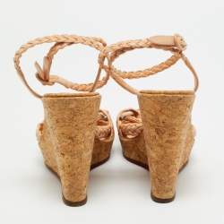 Pre Owned صندل كريستيان لوبوتان ماريلو مقاس 39 جلد مضفر بلون بيج مع حزام للكاحل وكعب مكسو بالفلين