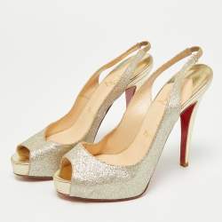 مملوكة مسبقًا صندل كريستيان لوبوتان فتحة كعب مقدمة مفتوحة  N°Prive جلد غليتر فضي مقاس 38.5