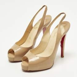 Pre Owned حذاء كعب عالي كريستيان لوبوتان نوبوك جلد بيج حزام خلفي منصة مفتوحة مقاس 36