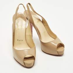 Pre Owned حذاء كعب عالي كريستيان لوبوتان نوبوك جلد بيج حزام خلفي منصة مفتوحة مقاس 36