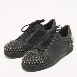 Pre Owned Christian Louboutin Louis Junior Spikes Size 36.5 Black Glitter Lace Up Sneakers