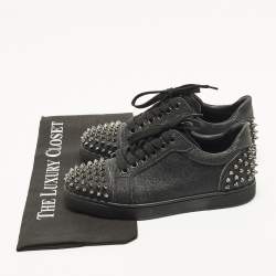 Pre Owned Christian Louboutin Louis Junior Spikes Size 36.5 Black Glitter Lace Up Sneakers