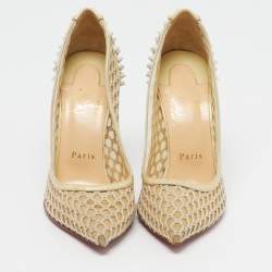 مملوكة مسبقًا Christian Louboutin Guni Size 37 Beige Mesh and Patent Leather Spike Pumps