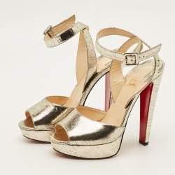 مملوكة مسبقًا صندل كريستيان لوبوتان نعل سميك سيور كاحل لولودانسينغ جلد منقوش لاميه ذهبي ميتالك مقاس 37.5