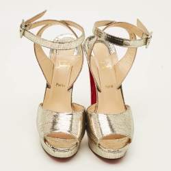 مملوكة مسبقًا صندل كريستيان لوبوتان نعل سميك سيور كاحل لولودانسينغ جلد منقوش لاميه ذهبي ميتالك مقاس 37.5