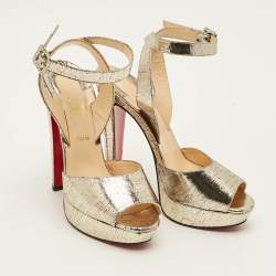مملوكة مسبقًا صندل كريستيان لوبوتان نعل سميك سيور كاحل لولودانسينغ جلد منقوش لاميه ذهبي ميتالك مقاس 37.5