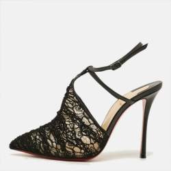 Pre Owned Christian Louboutin  Size 38.5 Black Acide Lace and Leather Flocked Tulle Ankle-Strap Pumps