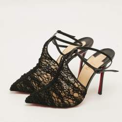 Pre Owned Christian Louboutin  Size 38.5 Black Acide Lace and Leather Flocked Tulle Ankle-Strap Pumps