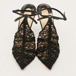 Pre Owned Christian Louboutin  Size 38.5 Black Acide Lace and Leather Flocked Tulle Ankle-Strap Pumps