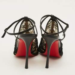 Pre Owned Christian Louboutin  Size 38.5 Black Acide Lace and Leather Flocked Tulle Ankle-Strap Pumps