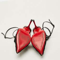 Pre Owned Christian Louboutin  Size 38.5 Black Acide Lace and Leather Flocked Tulle Ankle-Strap Pumps