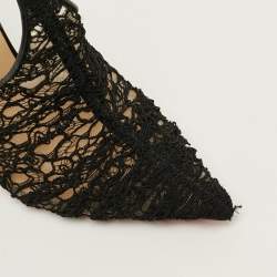Pre Owned Christian Louboutin  Size 38.5 Black Acide Lace and Leather Flocked Tulle Ankle-Strap Pumps