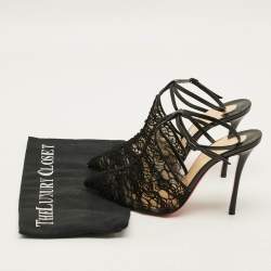 Pre Owned Christian Louboutin  Size 38.5 Black Acide Lace and Leather Flocked Tulle Ankle-Strap Pumps