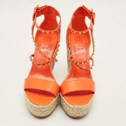 Pre Owned Christian Louboutin Chocazeppa Size 40 Orange Leather Espadrille Sandals