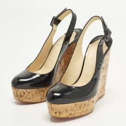 Pre Owned Christian Louboutin Une Plume Size 36 Black Patent Leather Wedge Pumps