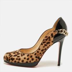 Pre Owned Christian Louboutin Dorepi Size 38 Brown/Black Calf hair and Patent Leather Pumps