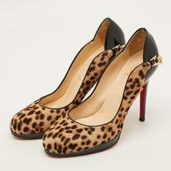 Pre Owned Christian Louboutin Dorepi Size 38 Brown/Black Calf hair and Patent Leather Pumps