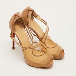 مملوكة مسبقًا حذاء كعب عالي كريستيان لوبوتان ماريكار جلد وميش بيج مقدمة مفتوحة منصة مقاس 37