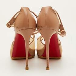 مملوكة مسبقًا حذاء كعب عالي كريستيان لوبوتان ماريكار جلد وميش بيج مقدمة مفتوحة منصة مقاس 37