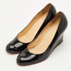 Pre Owned Christian Louboutin Ron Ron Size 38 Black Patent Leather Wedge Pumps