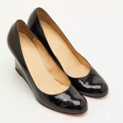 Pre Owned Christian Louboutin Ron Ron Size 38 Black Patent Leather Wedge Pumps