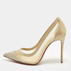 Pre Owned Christian Louboutin Galativi Size 36.5 Beige Net and Suede Crystal Embellished Pumps