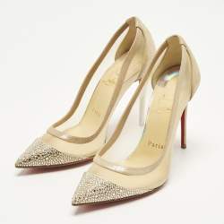 Pre Owned Christian Louboutin Galativi Size 36.5 Beige Net and Suede Crystal Embellished Pumps