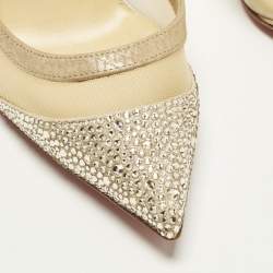 Pre Owned Christian Louboutin Galativi Size 36.5 Beige Net and Suede Crystal Embellished Pumps
