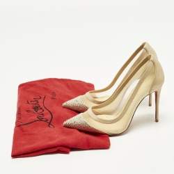 Pre Owned Christian Louboutin Galativi Size 36.5 Beige Net and Suede Crystal Embellished Pumps