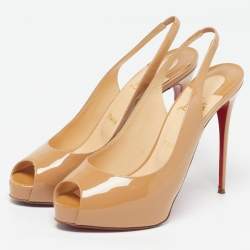 Pre Owned Christian Louboutin Private Number Size 40 Beige Patent Leather Slingback Pumps