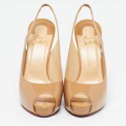 Pre Owned Christian Louboutin Private Number Size 40 Beige Patent Leather Slingback Pumps