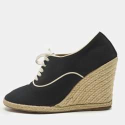 Pre Owned Christian Louboutin Size 39 Black Canvas Espadrille Wedge Pumps