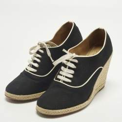 Pre Owned Christian Louboutin Size 39 Black Canvas Espadrille Wedge Pumps