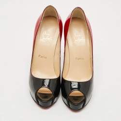 Pre Owned Christian Louboutin Lady Peep Size 38.5 Black/Red Patent Leather Peep Toe Pumps