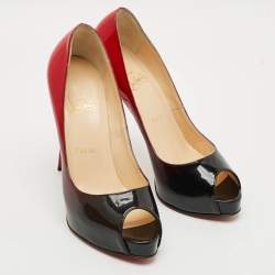 Pre Owned Christian Louboutin Lady Peep Size 38.5 Black/Red Patent Leather Peep Toe Pumps
