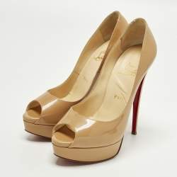 Pre Owned Christian Louboutin Lady Peep Size 39 Beige Patent Leather Platform Pumps