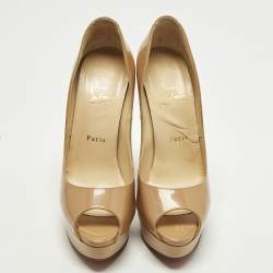 Pre Owned Christian Louboutin Lady Peep Size 39 Beige Patent Leather Platform Pumps