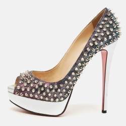 Pre Owned Christian Louboutin Lady Peep Spikes Size 39.5  Two Tone Lurex Fabric Platform Pumps