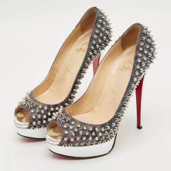 Pre Owned Christian Louboutin Lady Peep Spikes Size 39.5  Two Tone Lurex Fabric Platform Pumps