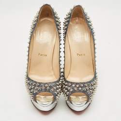 Pre Owned Christian Louboutin Lady Peep Spikes Size 39.5  Two Tone Lurex Fabric Platform Pumps