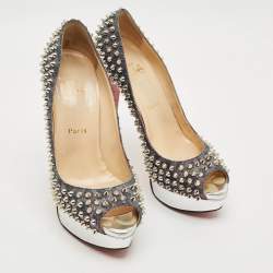 Pre Owned Christian Louboutin Lady Peep Spikes Size 39.5  Two Tone Lurex Fabric Platform Pumps
