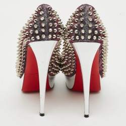 Pre Owned Christian Louboutin Lady Peep Spikes Size 39.5  Two Tone Lurex Fabric Platform Pumps