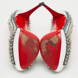 Pre Owned Christian Louboutin Lady Peep Spikes Size 39.5  Two Tone Lurex Fabric Platform Pumps