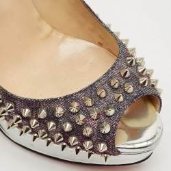 Pre Owned Christian Louboutin Lady Peep Spikes Size 39.5  Two Tone Lurex Fabric Platform Pumps