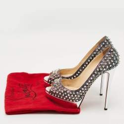 Pre Owned Christian Louboutin Lady Peep Spikes Size 39.5  Two Tone Lurex Fabric Platform Pumps
